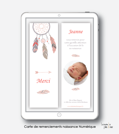  carte de remerciements naissance fille numérique- -carte de remerciement électronique -pdf imprimable-pdf numérique-faire part connecté- attrape reve plumes-à imprimer soi-même-carte de remerciement naissance à envoyer par mail