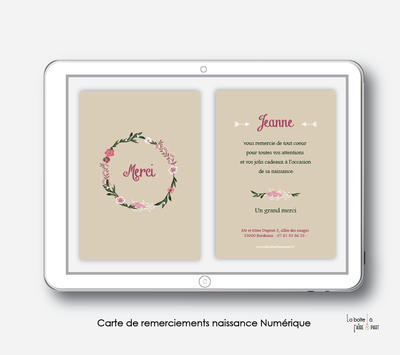 carte de remerciements naissance fille numérique-électronique-pdf- couronne de fleurs-électronique-pdf-à imprimer soi-même