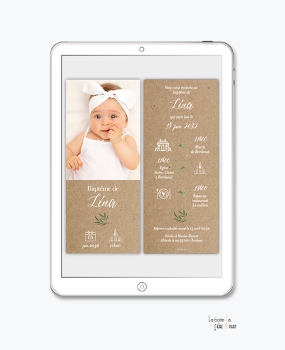 faire-part baptême fille numérique-faire-part baptême digital-électronique-pdf-à imprimer-petite fille-bouquet de fleurs-fleurs des champs-religieux-format marque page-reseaux sociaux-mms-whatsapp-Messenger -kaft-elegant-photo-pictogramme-brin de sauge