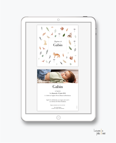 faire-part baptême garçon numérique-faire-part baptême digital-électronique-pdf-à imprimer-reseaux sociaux-mms-whatsapp-Messenger- carré-motif léopard-faon-renard-lapin-ecureuil-feuillage-forêts