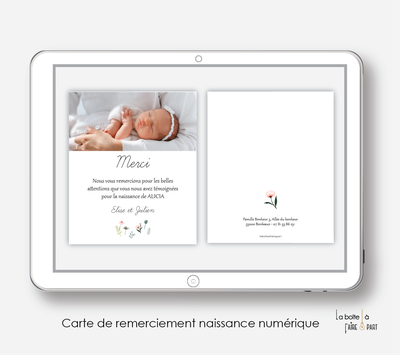 Carte de remerciements naissance fille numérique-remerciements digital-faire part numérique-pdf numérique-faire part connecté-faire part à imprimer-faire-part à envoyer par sms-mms-par mail-réseaux sociaux-whatsapp-facebook-fleur des champs-pastel vegetal