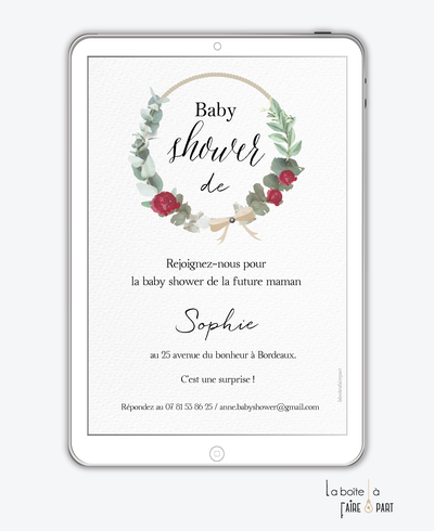 Invitation baby shower numérique-invitation baby shower digital -baby shower numérique-pdf numérique-baby shower connecté-baby shopwer à imprimer -invitation baby shower à envoyer par sms-mms-par mail-réseaux sociaux-whatsapp-facebook-couronne-pivoine