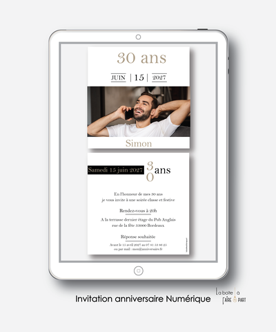 Invitation anniversaire homme numérique-Invitation électronique-Invitation digitale-imprimable-pdf numérique-Invitation connecté-Invitation anniversaire à envoyer par mms-par mail-réseaux sociaux-whatsapp-facebook-photo-noir et blanc