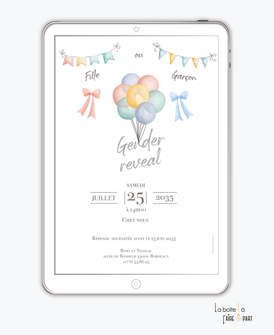 Invitation gender reveal numérique-invitation gender reveal digital-révélation du sex du bébé -à imprimer -invitation baby shower à envoyer par sms-mms-par mail-réseaux sociaux-whatsapp-facebook-Ballons qui volent-fanion et noeud