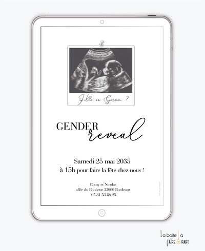 Invitation gender reveal numérique-invitation gender reveal digital-révélation du sex du bébé -à imprimer -invitation baby shower à envoyer par sms-mms-par mail-réseaux sociaux-whatsapp-facebook-echographie-écho-radio bébé