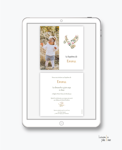faire-part baptême fille numérique-faire-part baptême digital-électronique-pdf-à imprimer-petite fille-bouquet de fleurs-fleurs des champs-religieux-format marque page-reseaux sociaux-mms-whatsapp-Messenger-colombe-doré -religieux