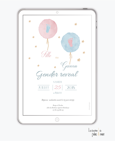 Invitation gender reveal numérique-invitation gender reveal digital-gender reveal numérique-révélation du sex du bébé -à imprimer -invitation baby shower à envoyer par sms-mms-par mail-réseaux sociaux-whatsapp-facebook-ballons volants rose et bleu-etoiles