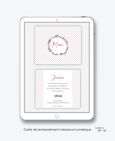 carte de remerciements naissance fille numérique-électronique-pdf-couronne fleurie- fond à petit pois-électronique-pdf-à imprimer soi-même