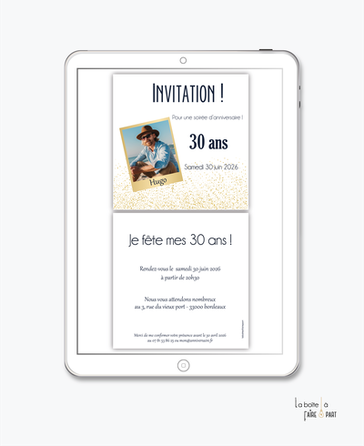 Invitation anniversaire homme numérique-Invitation électronique-Invitation digitale-pdf numérique-Invitation connecté-Invitation anniversaire à envoyer par mms-par mail-réseaux sociaux-whatsapp-facebook-photo polaroid-paillette-doré-format carré