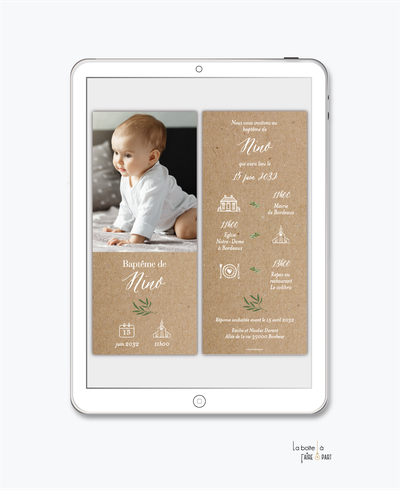 faire-part baptême fille numérique-faire-part baptême digital-électronique-pdf-à imprimer-petite fille-bouquet de fleurs-fleurs des champs-religieux-format marque page-reseaux sociaux-mms-whatsapp-Messenger -kaft-elegant-photo-pictogramme-brin de sauge