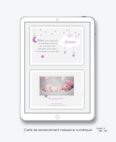  carte de remerciements naissance fille numérique- -carte de remerciement électronique -pdf imprimable-pdf numérique-faire part connecté-nuage blanc-à imprimer soi-même-carte de remerciement naissance à envoyer par mail