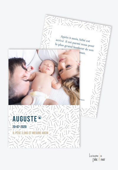 faire part naissance garçon tendance et pas cher-motif petits traits -couleur noir et blanc avec points camel-esprit pantone-avec photo-motif graphique-motif art graphique