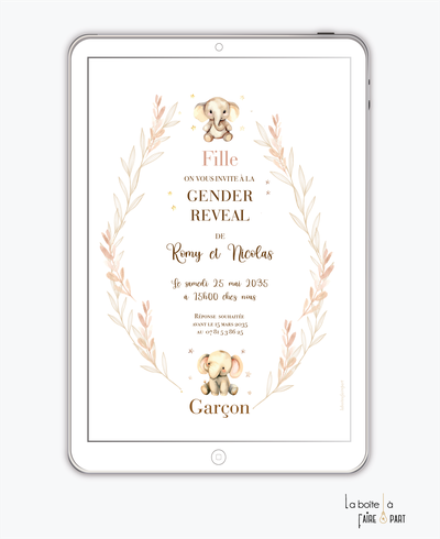 Invitation gender reveal numérique-invitation gender reveal digital-révélation du sex du bébé -à imprimer -invitation baby shower à envoyer par sms-mms-par mail-réseaux sociaux-whatsapp-facebook-elephant+couronne-rose beige