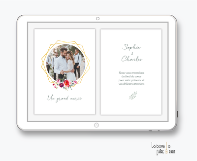 carte de remerciements mariage numérique-electronique-digital-romantique-chic-avec photo-fleurs-couronne dorée