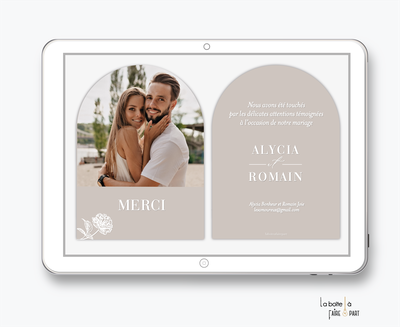 carte de remerciements mariage numérique-electronique-digital-arche relief- pivoine-chic et et élégant