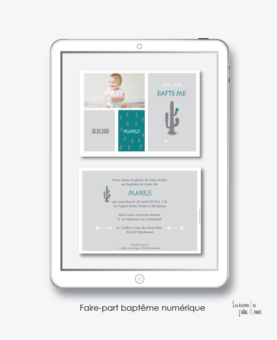 faire-part baptême garçon numérique-électronique-pdf-cactus gris-à imprimer soi-même-à envoyer par mms ou sms-réseaux sociaux