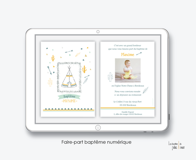 faire-part baptême garçon numérique-électronique-pdf-tipi indien-cactus-plume- à imprimer soi-même-à envoyer par mms-sms-réseaux sociaux