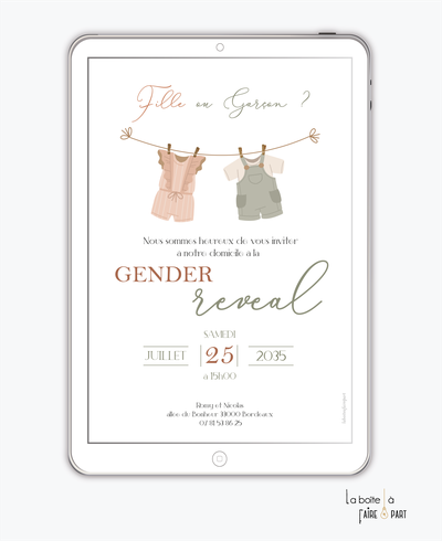 Invitation gender reveal numérique-invitation gender reveal digital-révélation du sex du bébé - à imprimer -invitation baby shower à envoyer par sms-mms-par mail-réseaux sociaux-whatsapp-facebook-petits vetements rose et vert
