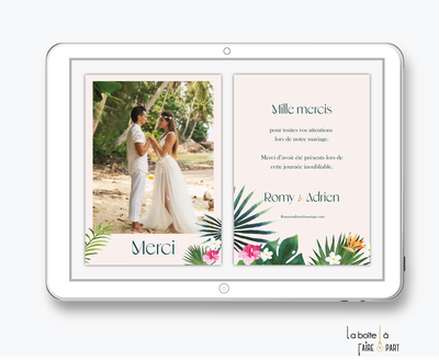 carte de remerciements mariage numérique-electronique-digital-tropical-exotique-palmier-oiseau paradis-guirlande-libiscus