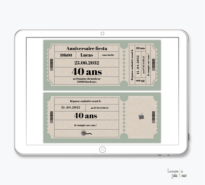 Invitation anniversaire homme numérique-Invitation électronique-Invitation digitale-Invitation connecté-Invitation anniversaire à envoyer par mms-par mail-réseaux sociaux-whatsapp-facebook-ticket-billet d'entrée-kraft-couleur sauge
