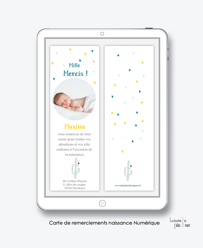  carte de remerciements naissance garçon numérique-cactus-carte de remerciement électronique -pdf imprimable-pdf numérique-faire part connecté- cactus-à imprimer soi-même-carte de remerciement naissance à envoyer par mail