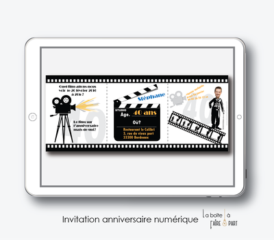 invitation anniversaire homme numérique-électronique- 20ans-30ans-40ans-50ans-60ans-à imprimer soi-même-faire-part à envoyer par sms-mms-par mail-réseaux sociaux-whatsapp-facebook-CINEMA-camera-charly chaplin