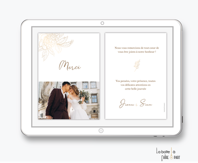 carte de remerciements mariage numérique-electronique-digital-pivoines dorées- avec photo-or -elegant -chic