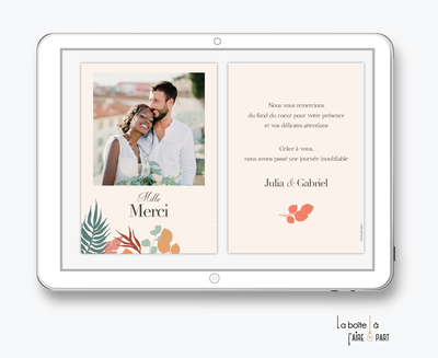 carte de remerciements mariage numérique-electronique-digital-Feuille de palmier-tropical-tropique-orange et vert-exotique