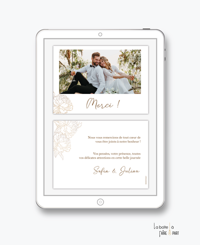 carte de remerciements mariage numérique-electronique-digital-chic-élégant-rafiné-pivoines-pivoines dorées-doré-fleurs