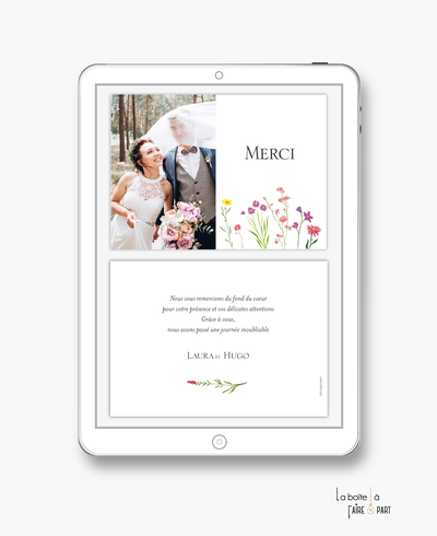 carte de remerciements mariage numérique-electronique-digital-Dégradé de rose-branche laurier doré-palmier -avec photo