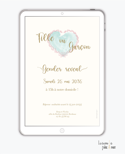 Invitation gender reveal numérique-invitation gender reveal digital-révélation du sex du bébé -à imprimer -invitation baby shower à envoyer par sms-mms-par mail-réseaux sociaux-whatsapp-facebook-coeur-amour-fille ou garçon