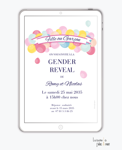 Invitation gender reveal numérique-invitation gender reveal digital-révélation du sex du bébé -à imprimer -invitation baby shower à envoyer par sms-mms-par mail-réseaux sociaux-whatsapp-facebook-Ballons rose vert jaune