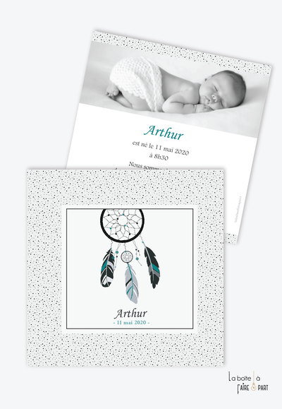 faire part naissance garçon -attrape rêves -plume-turquoise-noir blanc-motif pois-faire-part elegant-tendance-moderne-pas cher-format carré