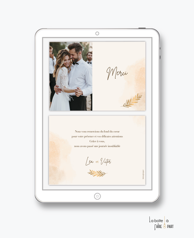 carte de remerciements mariage numérique-electronique-digital-Dégradé de rose-branche laurier doré-palmier -avec photo