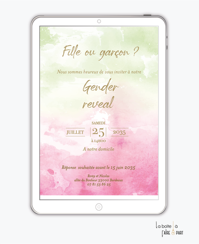 Invitation gender reveal numérique-invitation gender reveal digital-révélation du sex du bébé -à imprimer -invitation baby shower à envoyer par sms-mms-par mail-réseaux sociaux-whatsapp-facebook-dégradé de pastel-vert-rose -