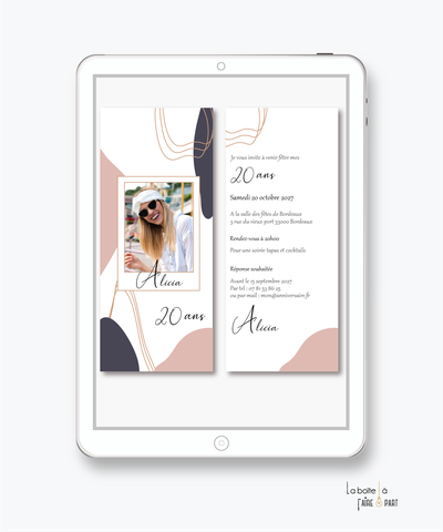 Invitation anniversaire femme numérique-Invitation électronique-Invitation digitale-imprimable-pdf numérique-Invitation connecté-Invitation anniversaire à envoyer par mms-par mail-réseaux sociaux-whatsapp-facebook-formes ovales-polaroid-trait doré