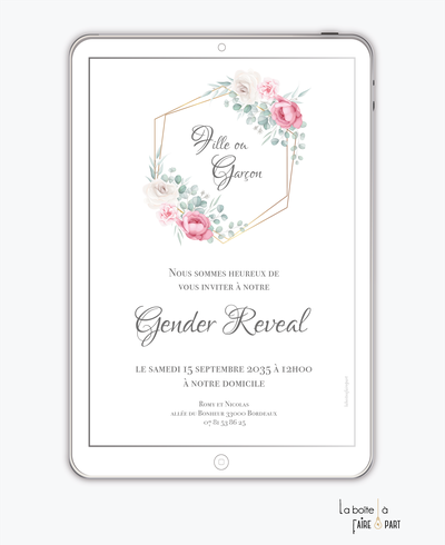 Invitation gender reveal numérique-invitation gender reveal digital-révélation du sex du bébé -à imprimer -invitation baby shower à envoyer par sms-mms-par mail-réseaux sociaux-whatsapp-facebook-Couronne avec des roses et gypsophile