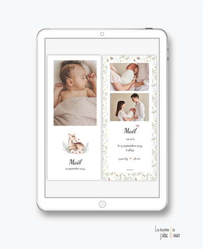 faire-part naissance numérique-faire part électronique-faire part numérique-imprimable-pdf numérique-faire part connecté-faire-part à envoyer par sms-mms-par mail-réseaux sociaux-whatsapp-facebook-Faon-biche-liberty-photos