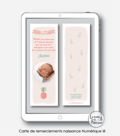 carte de remerciements naissance fille numérique- -carte de remerciement électronique -pdf imprimable-pdf numérique-faire part connecté- ananas -à imprimer soi-même-carte de remerciement naissance à envoyer par mail