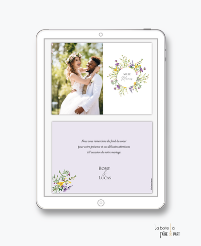 carte de remerciements mariage numérique-electronique-digital-pigne de pin-couronne-noël-hiver