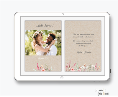carte de remerciements mariage numérique- fleurs sauvages-kraft-mappemonde-doré-champêtre