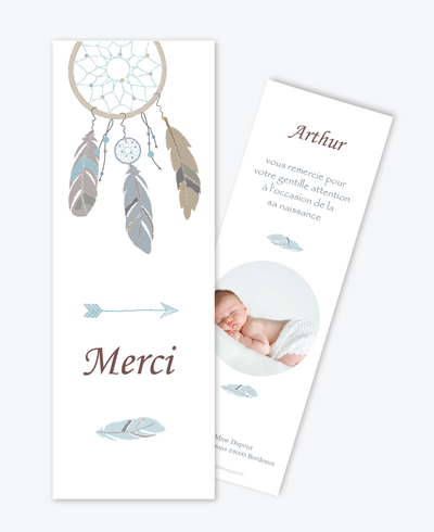 Carte de remerciement naissance garçon tendance et pas cher-attrape reve plume-gris-bleu-taupe-boheme chic