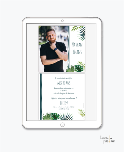 Invitation anniversaire homme numérique-Invitation électronique-Invitation digitale-pdf numérique-Invitation connecté-Invitation anniversaire à envoyer par mms-par mail-réseaux sociaux-whatsapp-facebook-Palmier-jungle-tropical-polaroid-photo