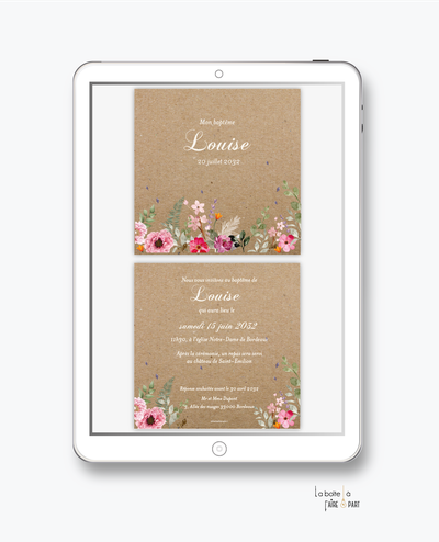 faire-part baptême fille numérique-faire-part baptême digital-électronique-pdf-à imprimer-petite fille-bouquet de fleurs-fleurs des champs-religieux-format marque page-reseaux sociaux-mms-whatsapp-Messenger -kaft-elegant-photo-pictogramme-brin de sauge