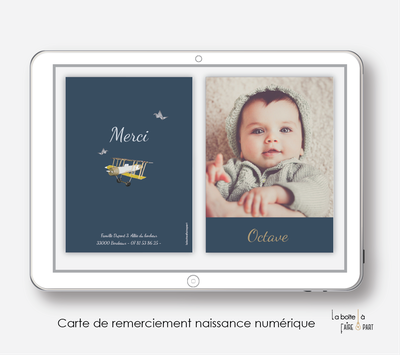  carte de remerciements naissance garçon numérique-avion-oiseau-avion vintage-carte de remerciement digital-pdf imprimable-pdf numérique-faire part connecté-à imprimer-carte de remerciement naissance à envoyer par mail