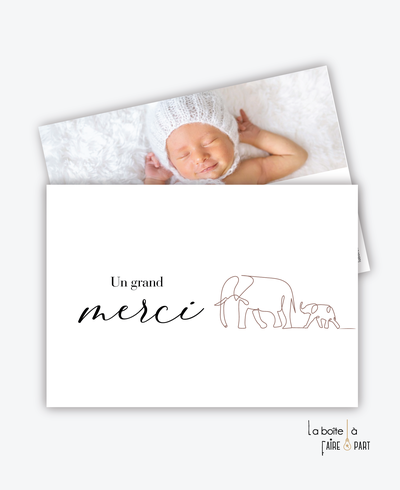 carte de remerciement naissance fille -avec photo-famille éléphant-savane-jungle