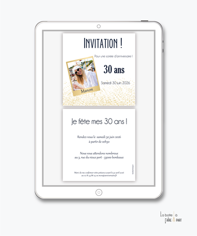Invitation anniversaire femme numérique-Invitation électronique-Invitation digitale-pdf numérique-Invitation connecté-Invitation anniversaire à envoyer par mms-par mail-réseaux sociaux-whatsapp-facebook-photo polaroid-paillette-doré-format carré