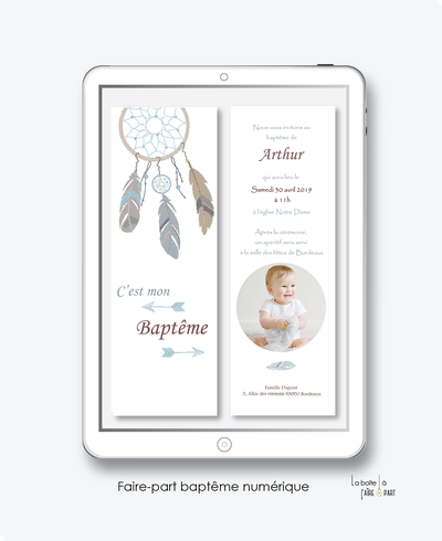 faire-part baptême garçon numérique-électronique-pdf-attrape reve plume-à envoyer par mms ou sms-réseaux sociaux