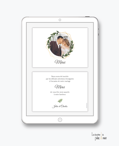 carte de remerciements mariage numérique-electronique-digital-laurier-couronne dorée-photo-couronne végétale