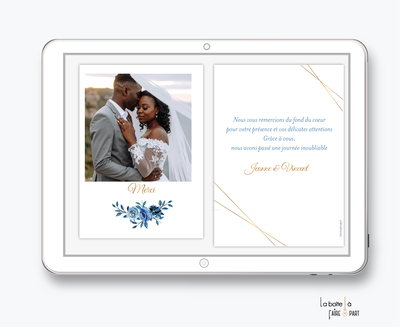 carte de remerciements mariage numérique-electronique-digital-fleurs bleu roi-champêtre-bouquet de fleur-losange doré